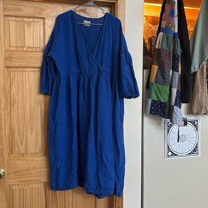 Off On Clothing Cobalt Blue Puff Sleeve Linen Midi Dress